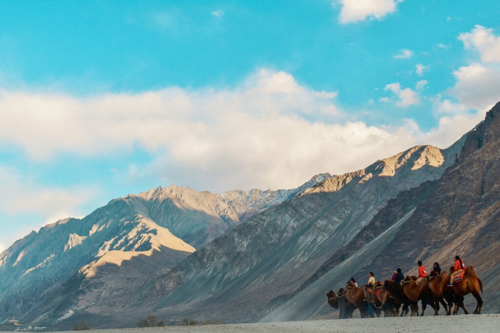 Du khách cưỡi lạc đà hai bướu Bactrian di chuyển thành hàng tại cồn cát thung lũng Nubra trong hành trình Ladakh